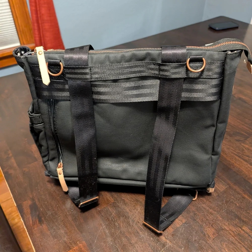 Petunia Pickle Bottom Pivot Black and Gray Diaper Bag, Rose Gold Hardware.